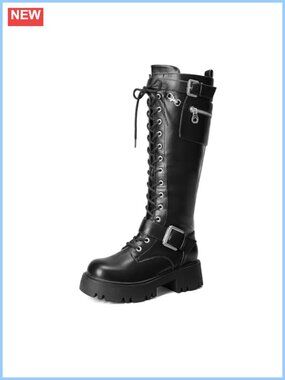 Womens Knee High Combat Boots Platform Faux Leather Lace Up